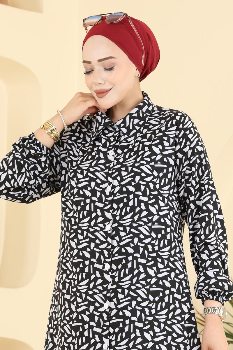Long Geometric-Print Tunic - Black
