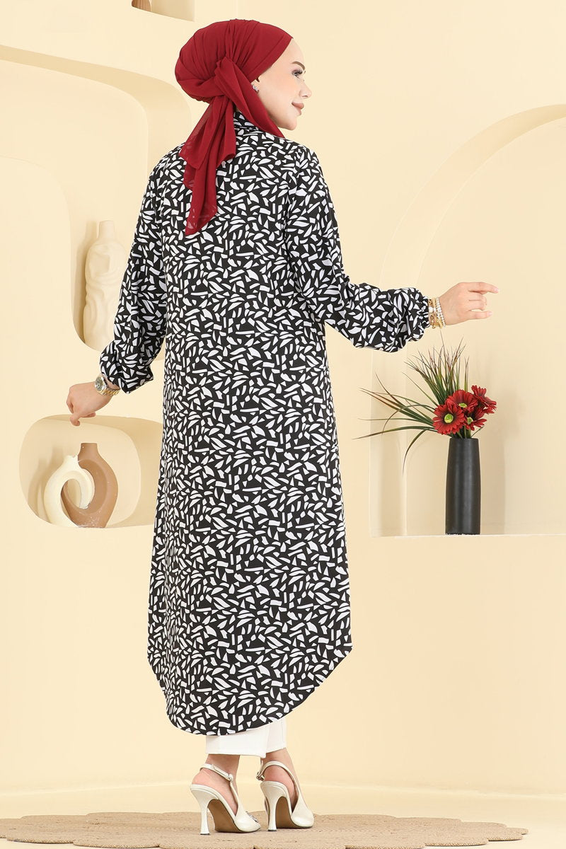 Long Geometric-Print Tunic - Black