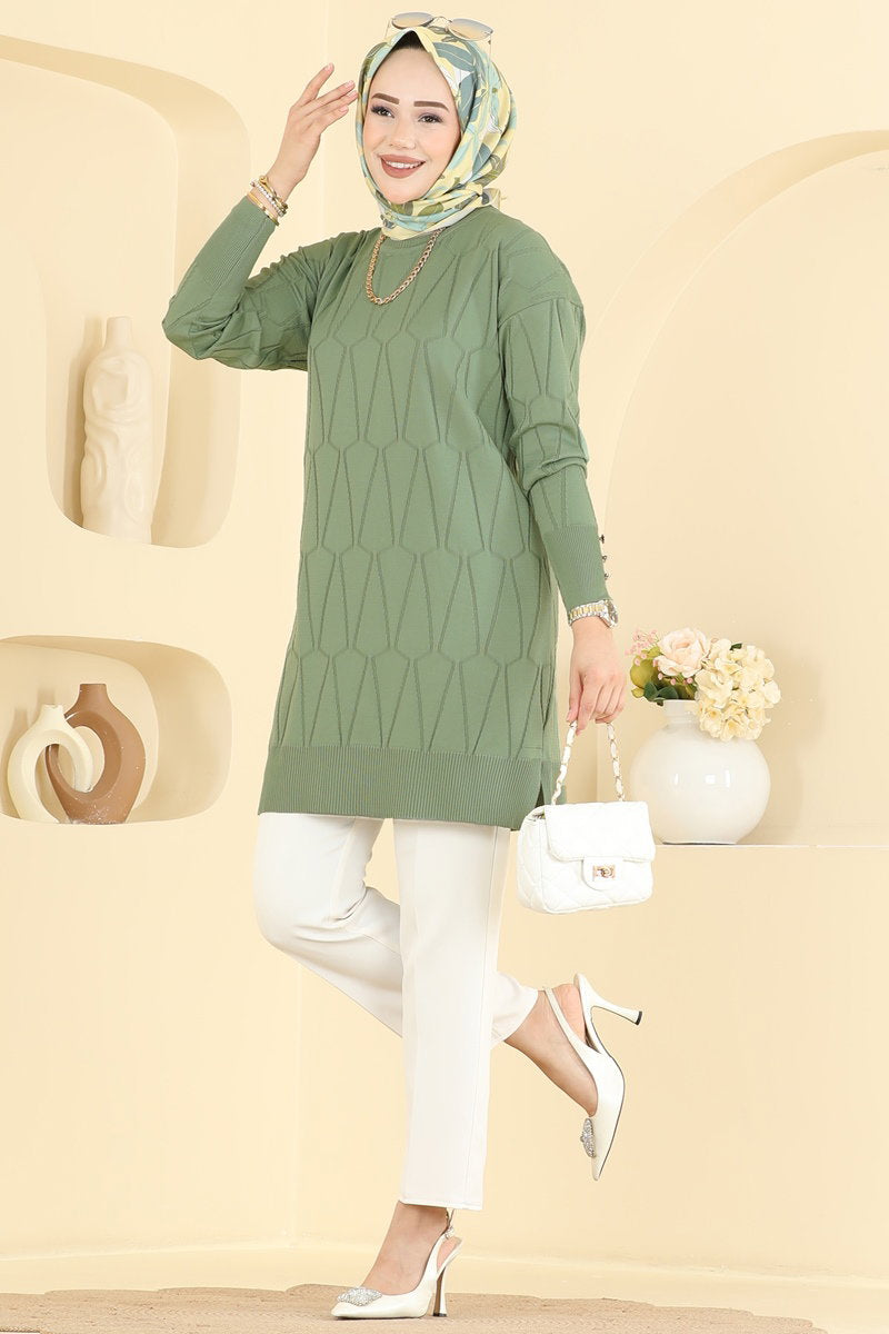 Geometric-Pattern Mercerised Tunic - Almond Green