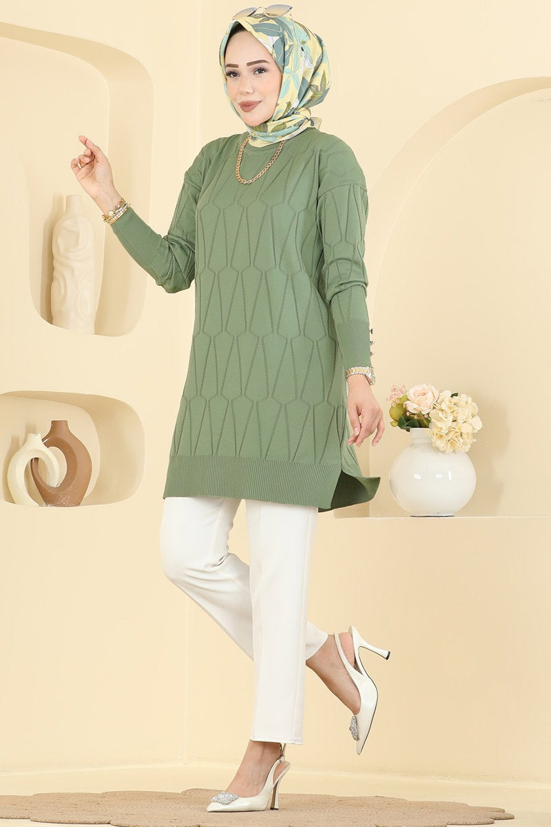 Geometric-Pattern Mercerised Tunic - Almond Green