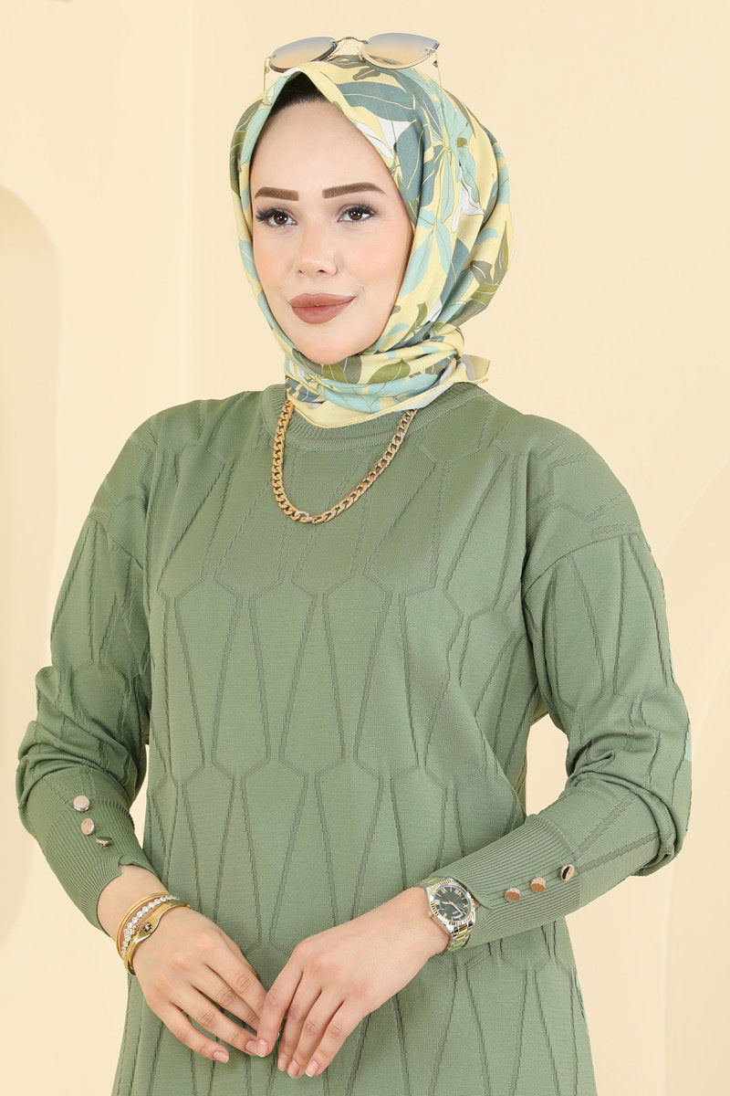 Geometric-Pattern Mercerised Tunic - Almond Green