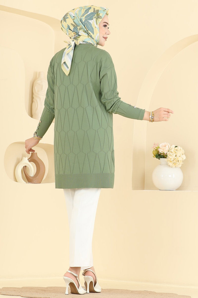 Geometric-Pattern Mercerised Tunic - Almond Green