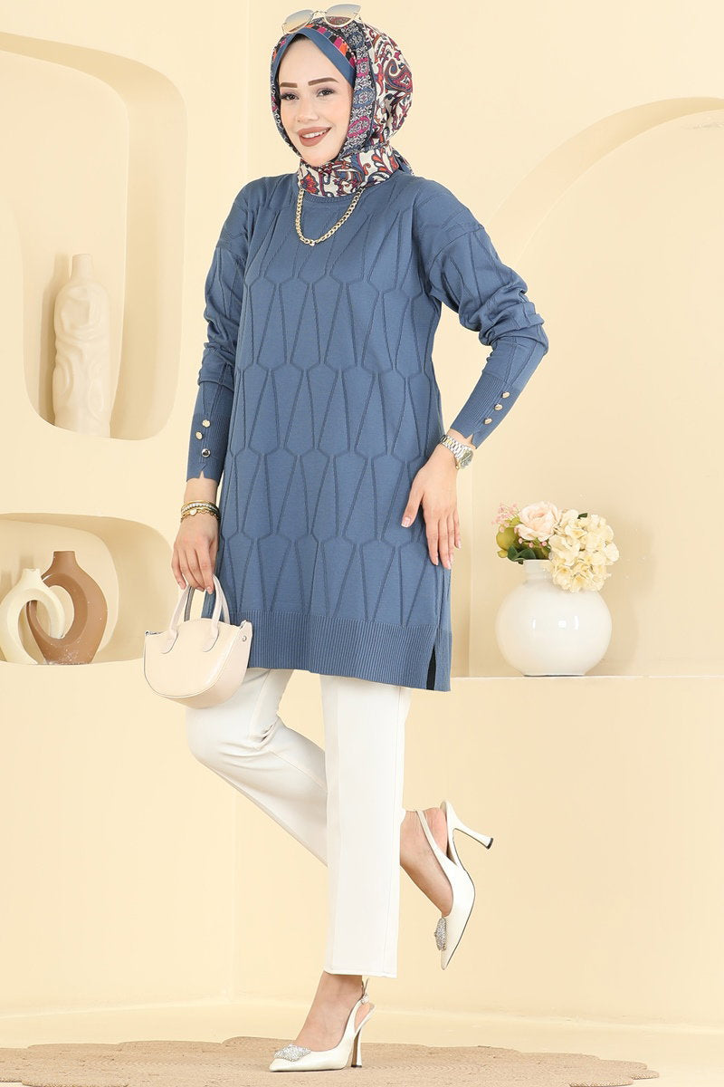 Geometric-Pattern Mercerised Tunic - Indigo