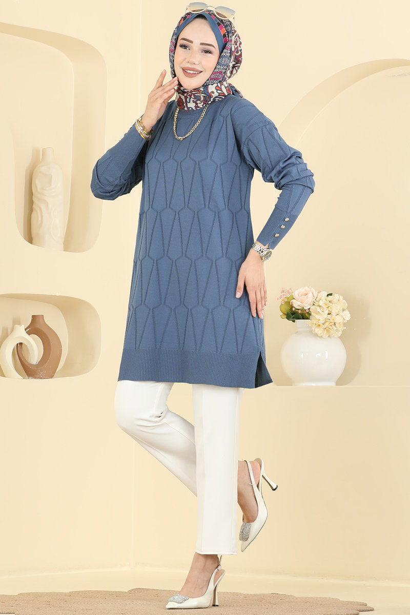 Geometric-Pattern Mercerised Tunic - Indigo