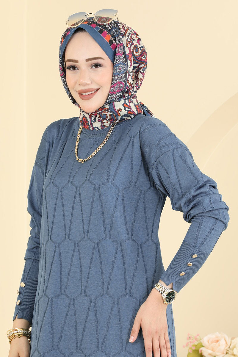 Geometric-Pattern Mercerised Tunic - Indigo