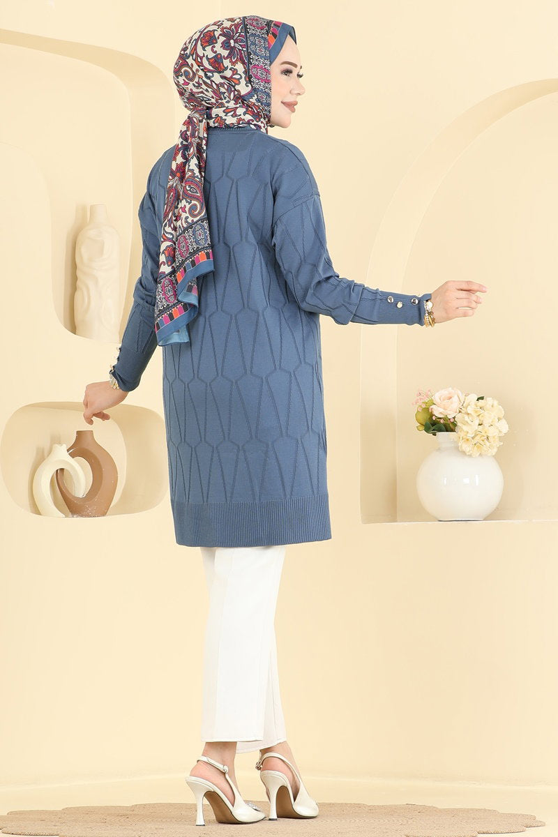 Geometric-Pattern Mercerised Tunic - Indigo