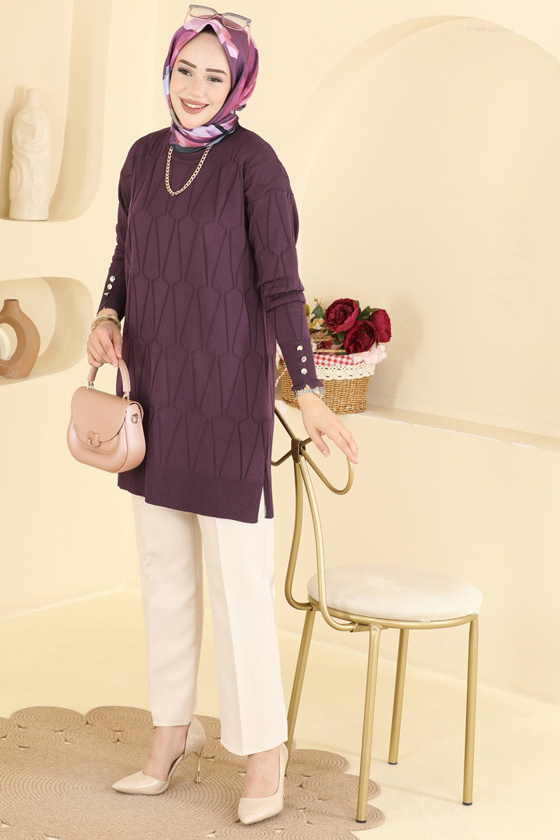 Geometric-Pattern Mercerised Tunic - Plum
