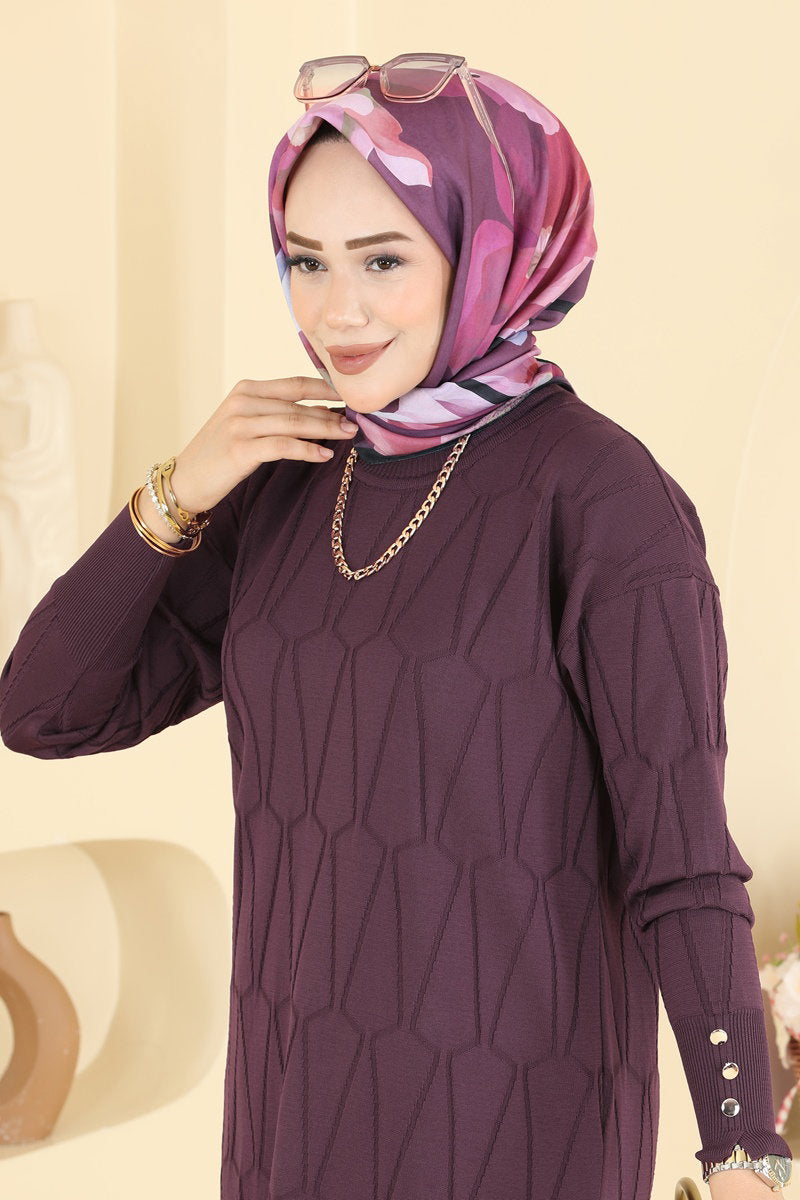 Geometric-Pattern Mercerised Tunic - Plum