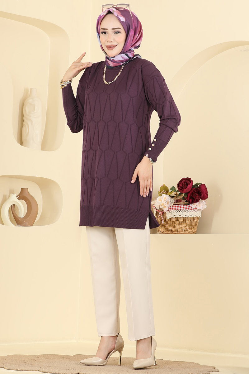 Geometric-Pattern Mercerised Tunic - Plum