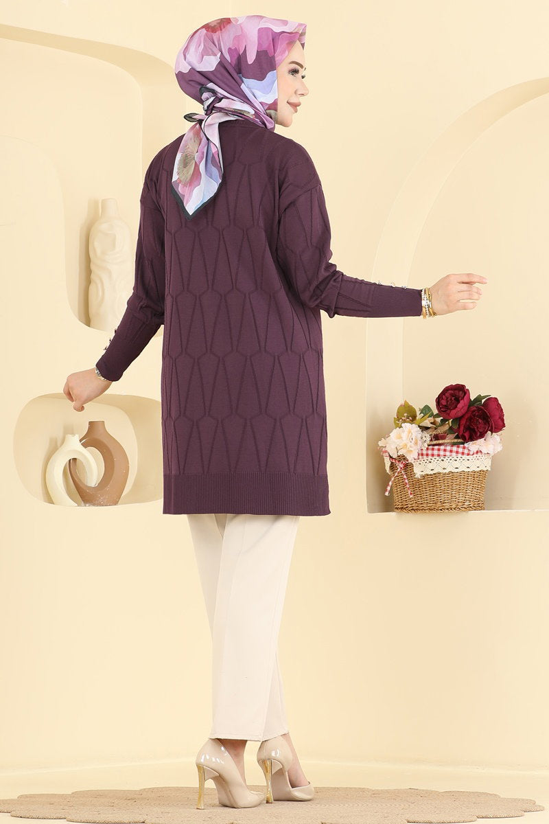 Geometric-Pattern Mercerised Tunic - Plum