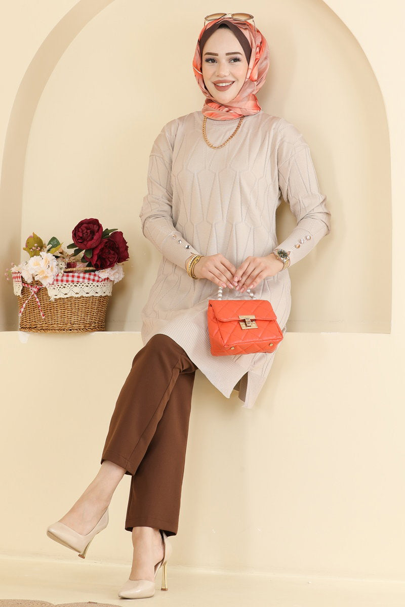Geometric-Pattern Mercerised Tunic - Stone