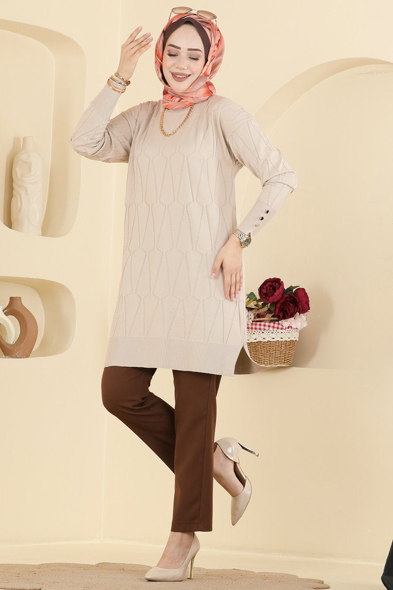 Geometric-Pattern Mercerised Tunic - Stone