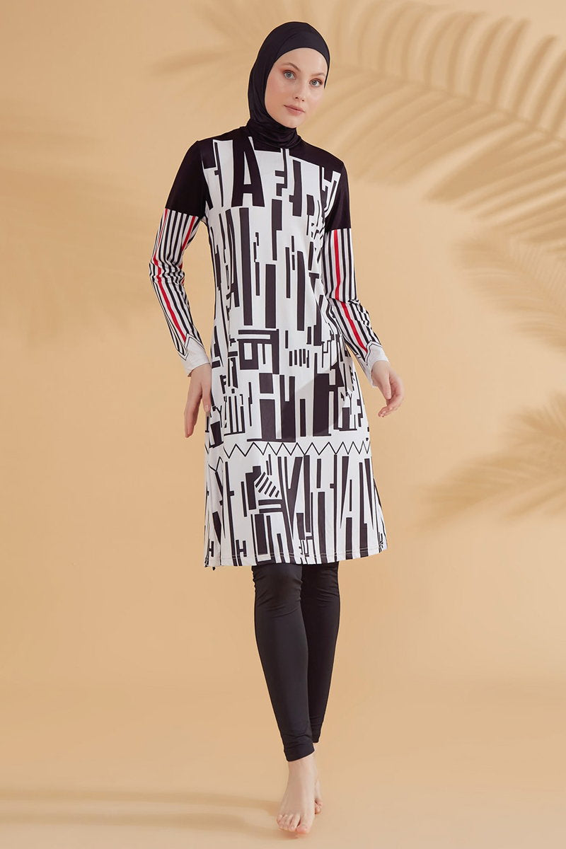 Geometric-Print Full-Coverage Swimsuit - Black