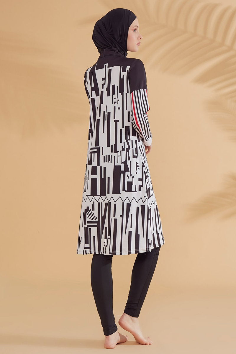 Geometric-Print Full-Coverage Swimsuit - Black