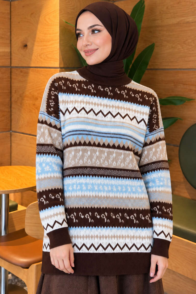 Geometric Pattern Knit Sweater - Brown