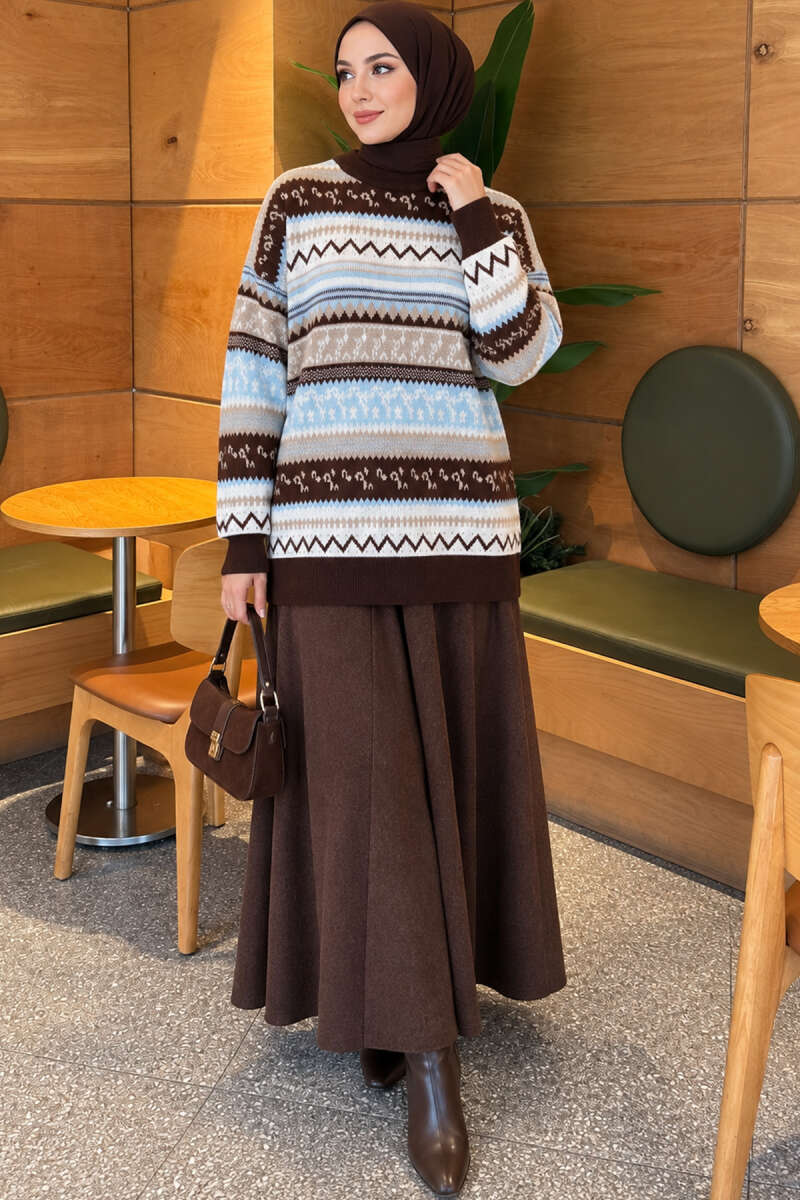 Geometric Pattern Knit Sweater - Brown