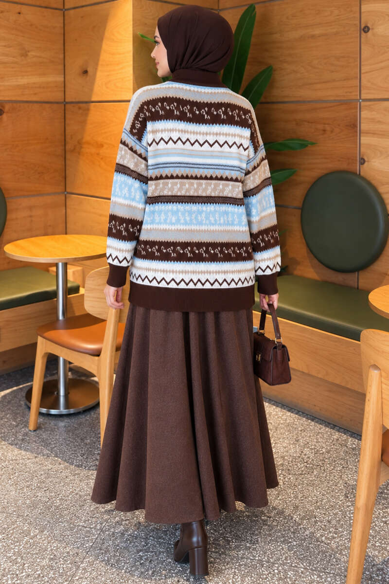 Geometric Pattern Knit Sweater - Brown