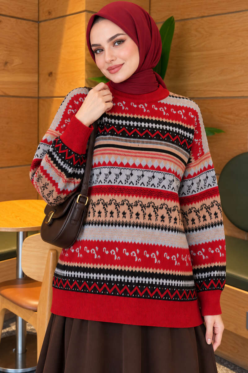 Geometric Pattern Knit Sweater - Red