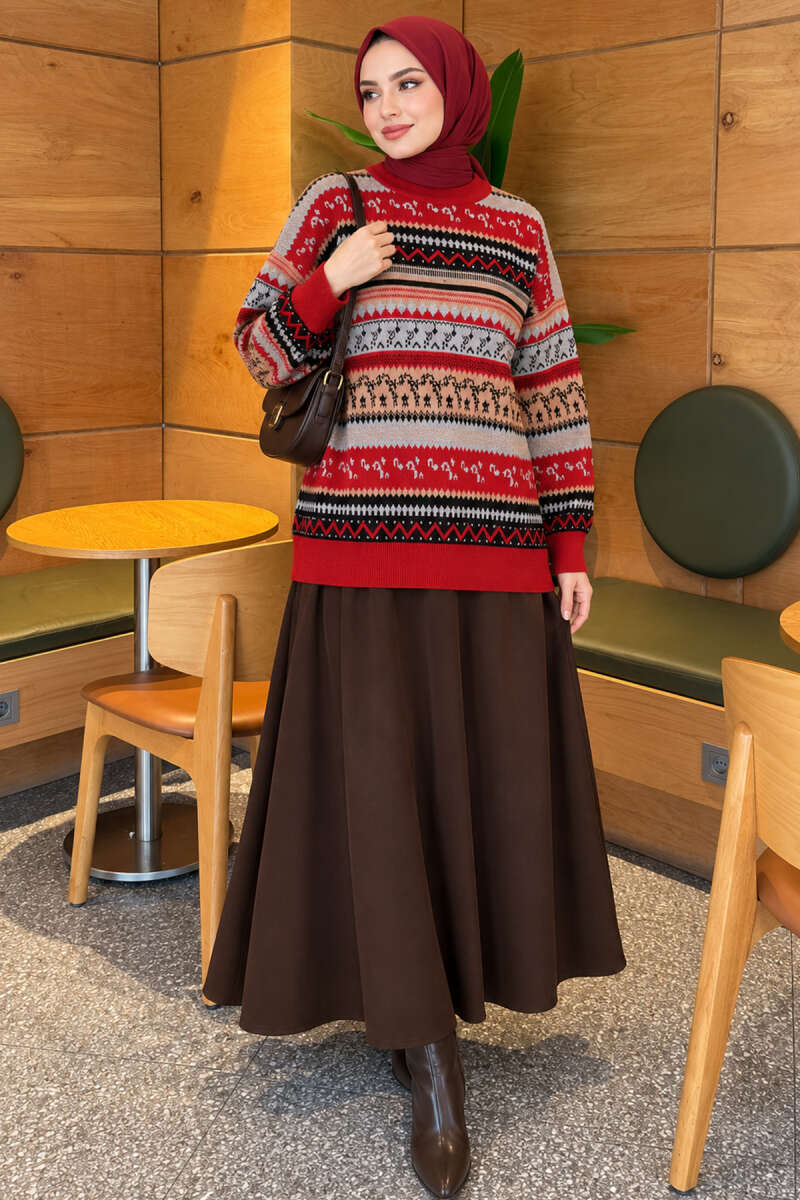 Geometric Pattern Knit Sweater - Red