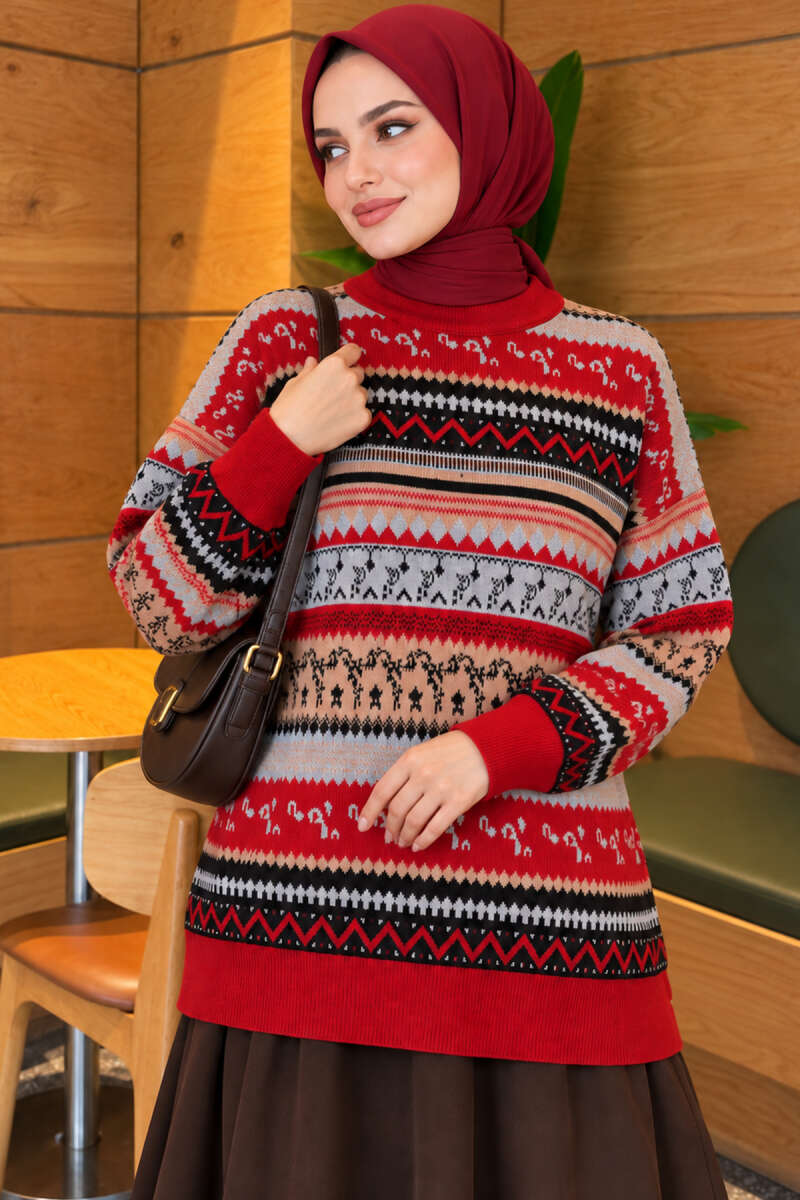 Geometric Pattern Knit Sweater - Red