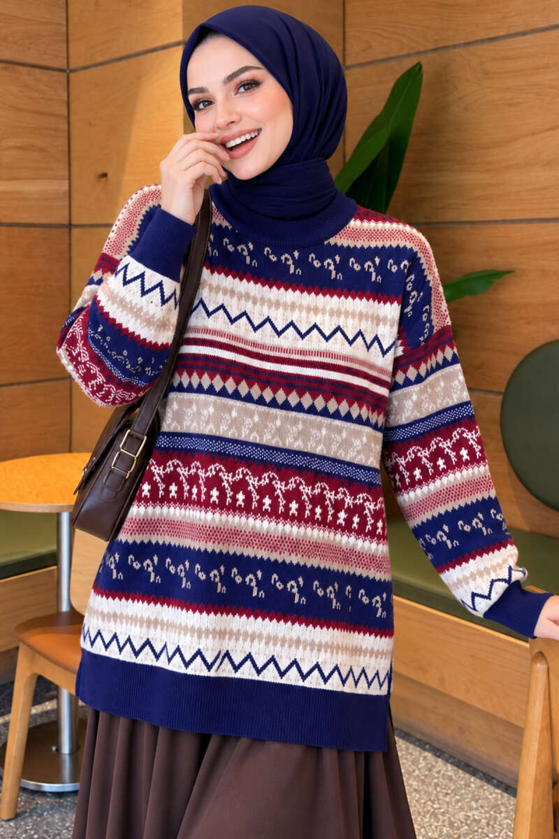Geometric Pattern Knit Sweater - Navy