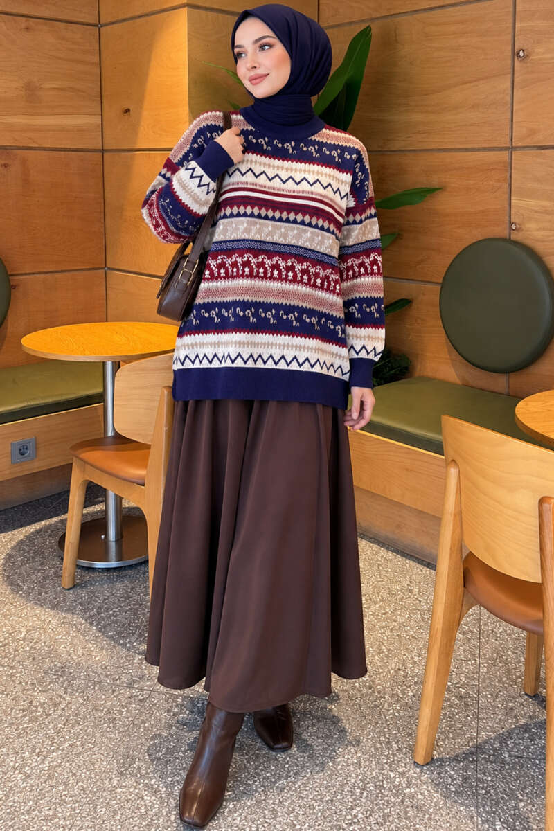 Geometric Pattern Knit Sweater - Navy