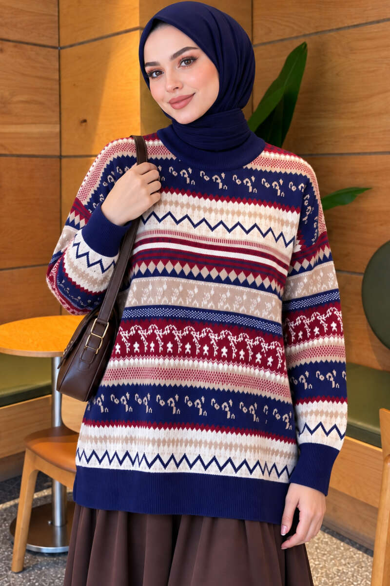 Geometric Pattern Knit Sweater - Navy
