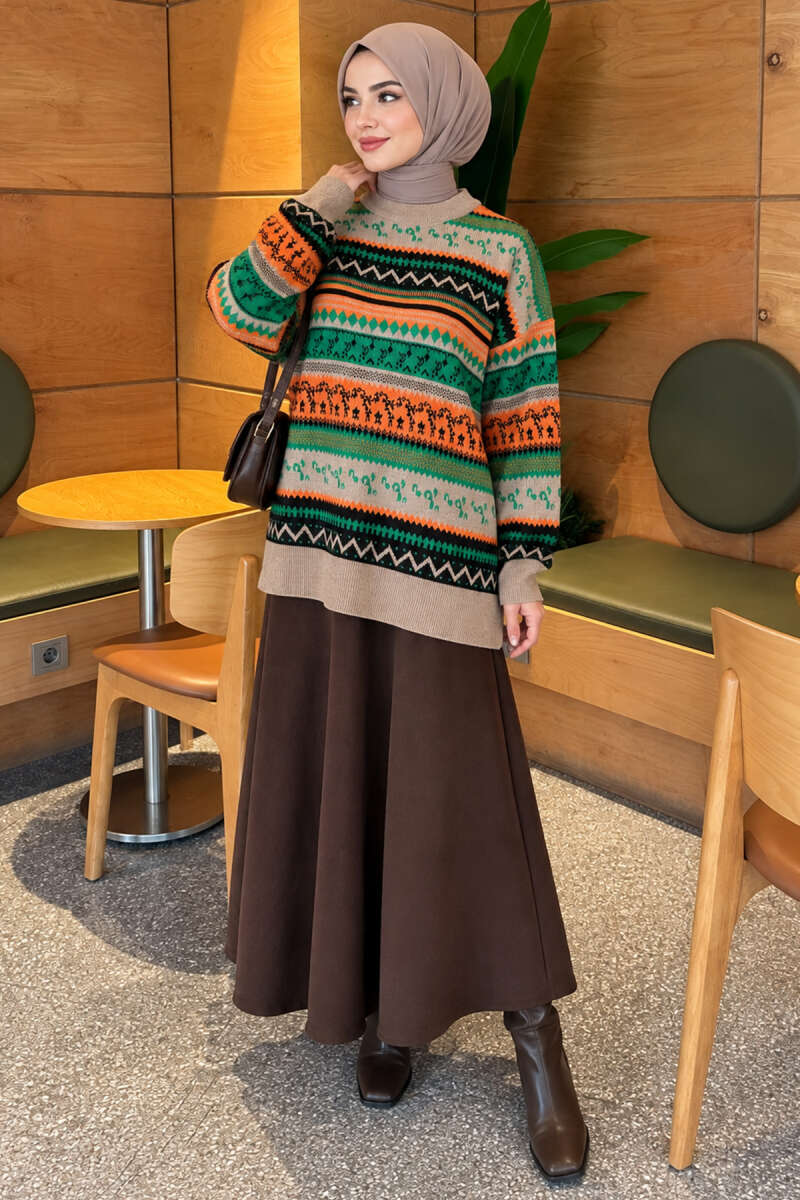 Geometric Pattern Knit Sweater - Mink