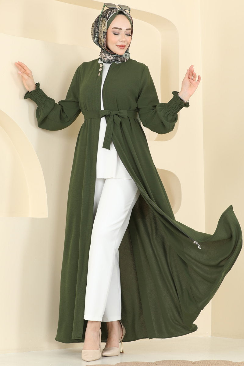 Aerobin Abaya Coat with Gathered Sleeves - Khaki