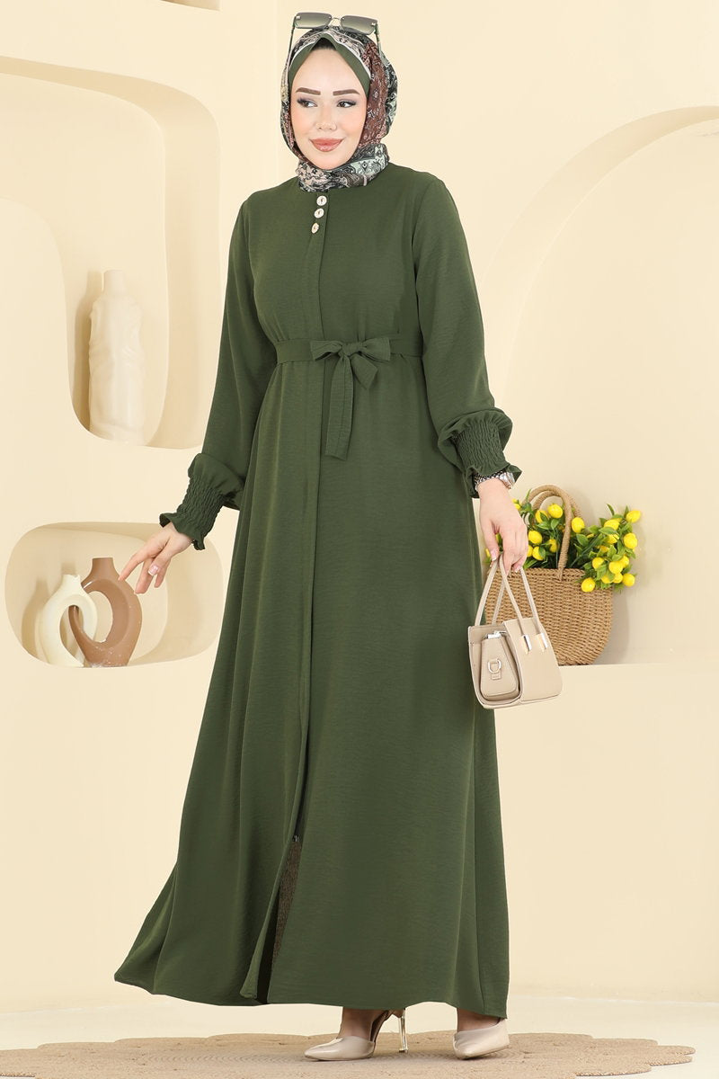 Aerobin Abaya Coat with Gathered Sleeves - Khaki