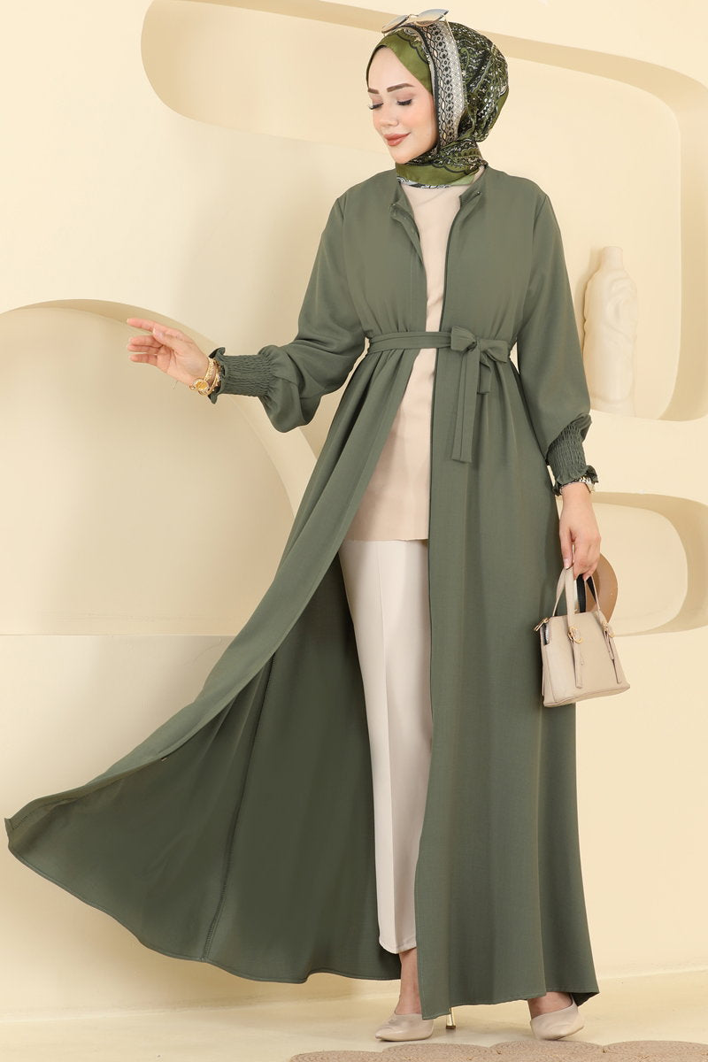 Belted Abaya Coat with Gathered Sleeves - Khaki