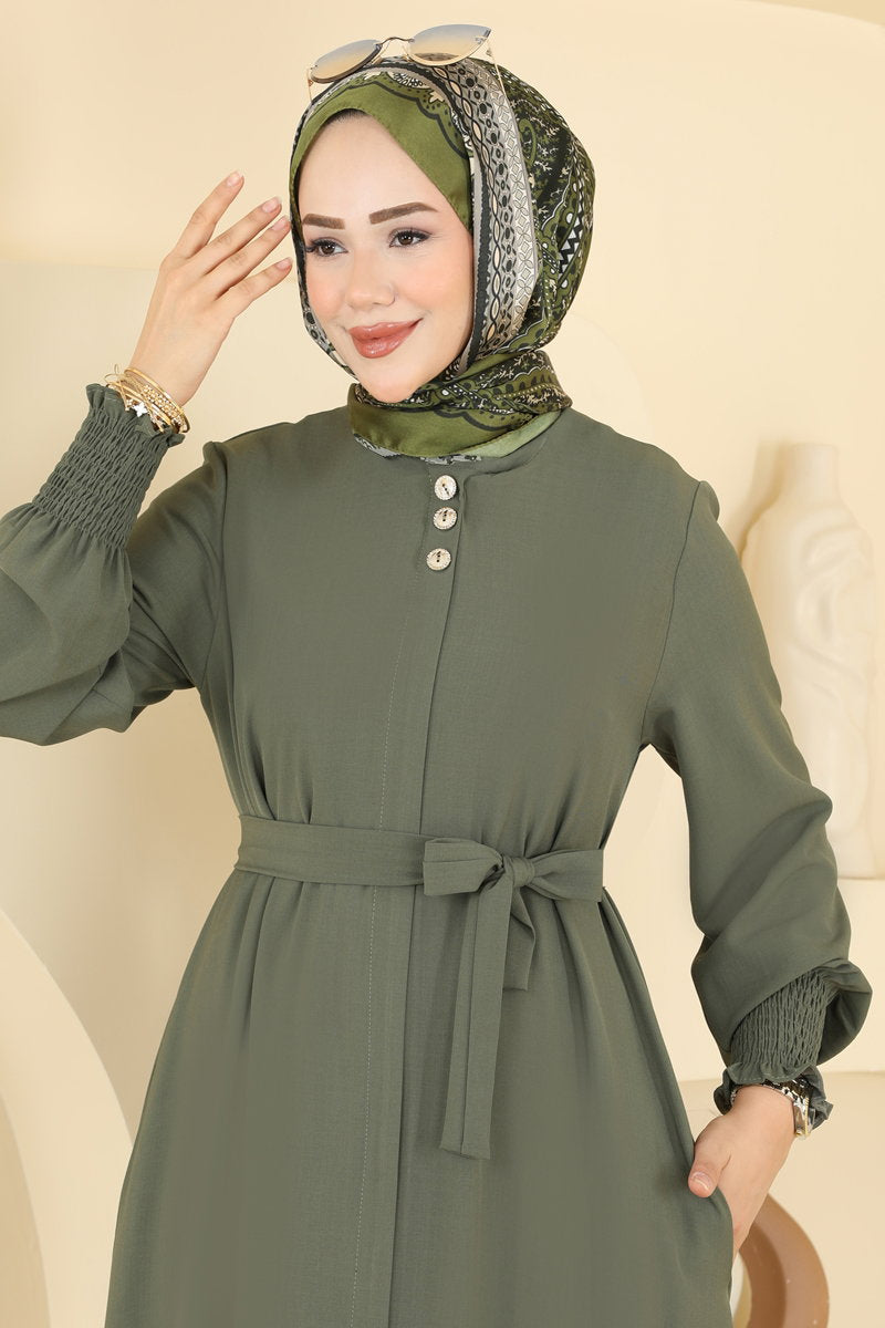 Belted Abaya Coat with Gathered Sleeves - Khaki