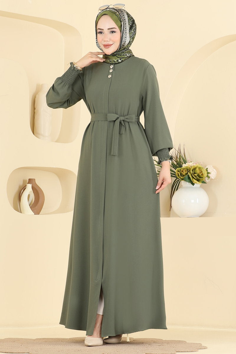 Belted Abaya Coat with Gathered Sleeves - Khaki