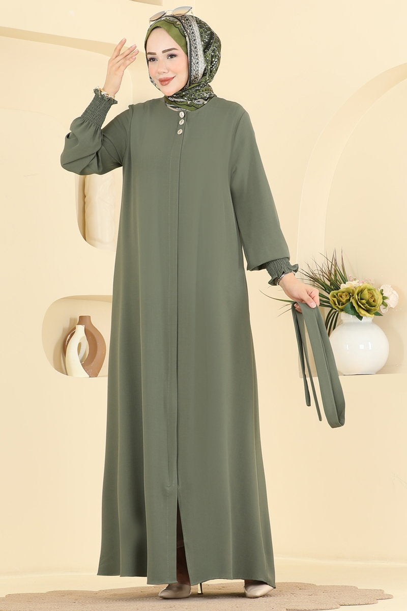 Belted Abaya Coat with Gathered Sleeves - Khaki