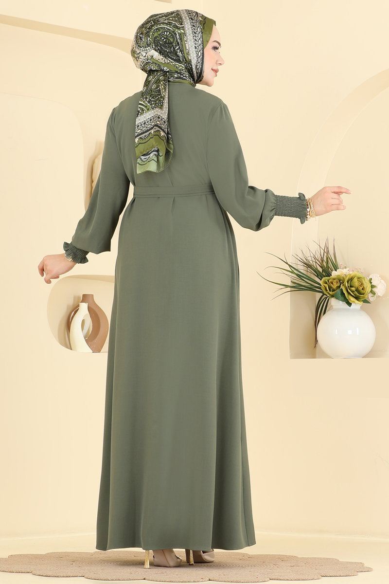 Belted Abaya Coat with Gathered Sleeves - Khaki