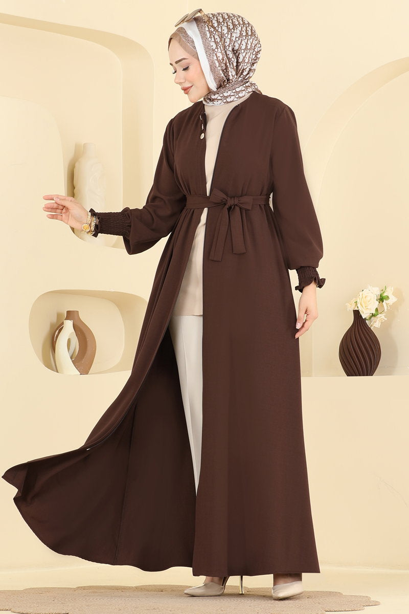 Belted Abaya Coat with Gathered Sleeves - Brown