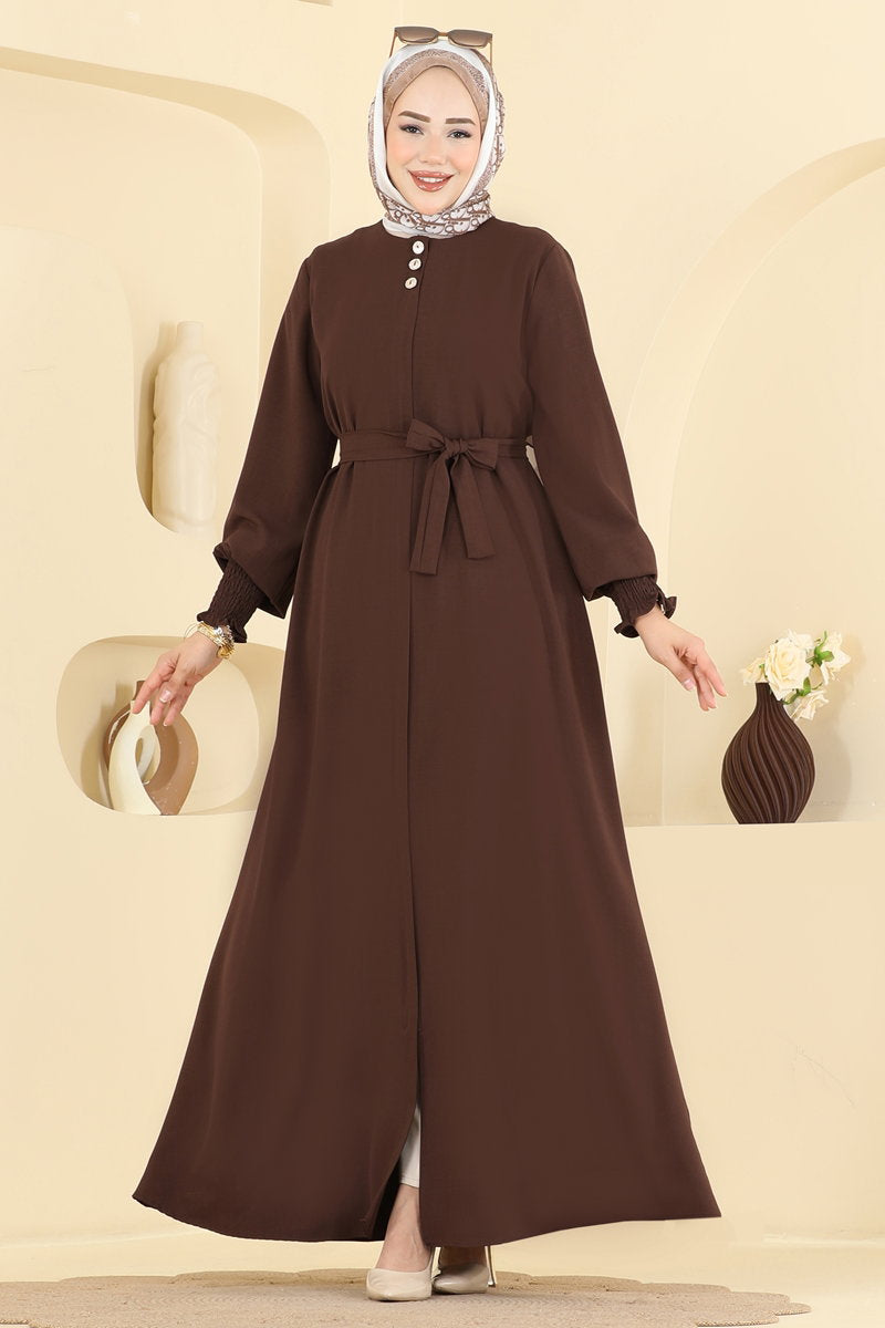 Belted Abaya Coat with Gathered Sleeves - Brown