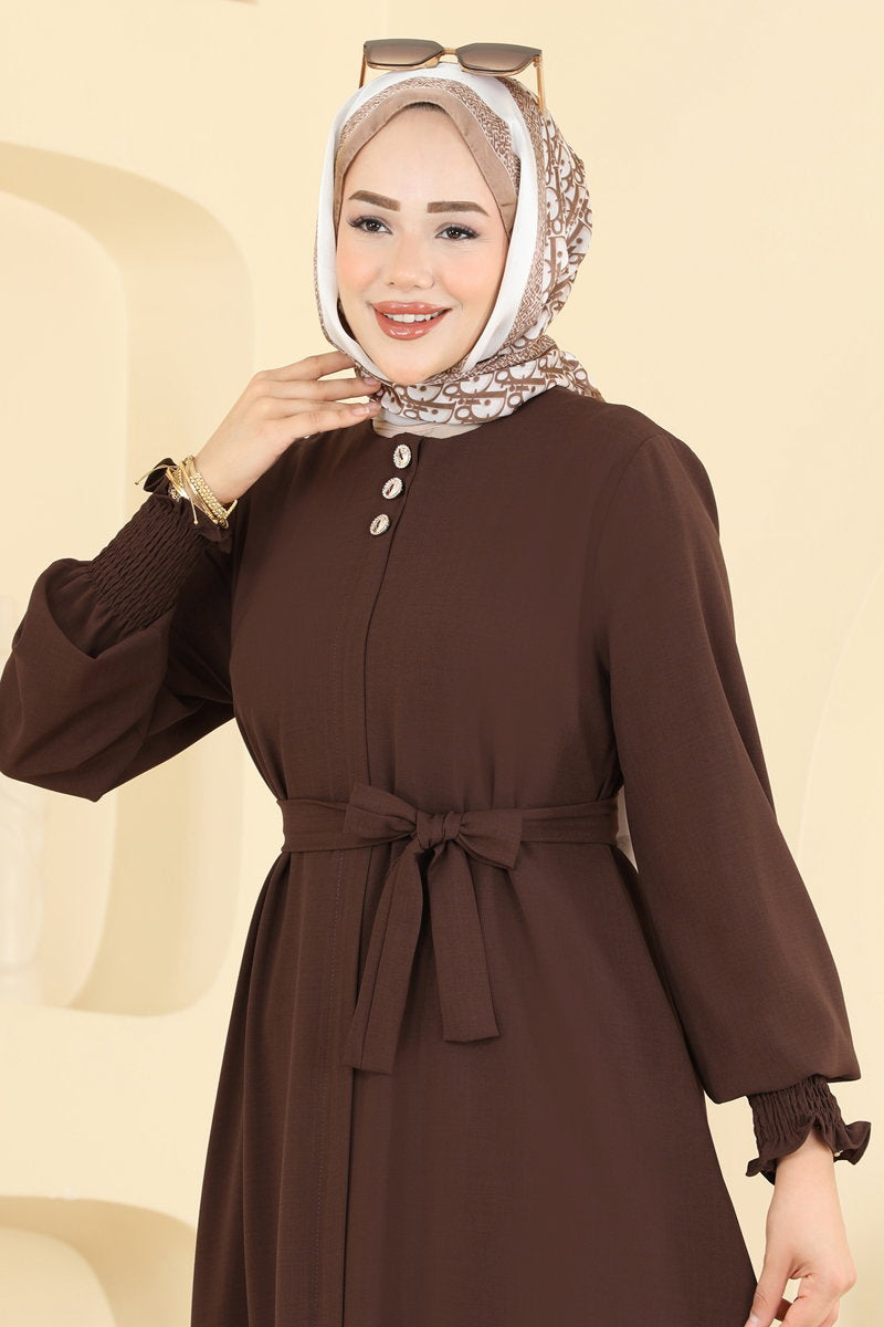 Belted Abaya Coat with Gathered Sleeves - Brown
