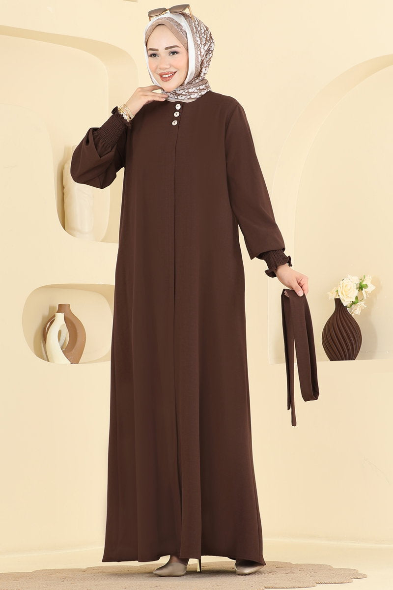 Belted Abaya Coat with Gathered Sleeves - Brown