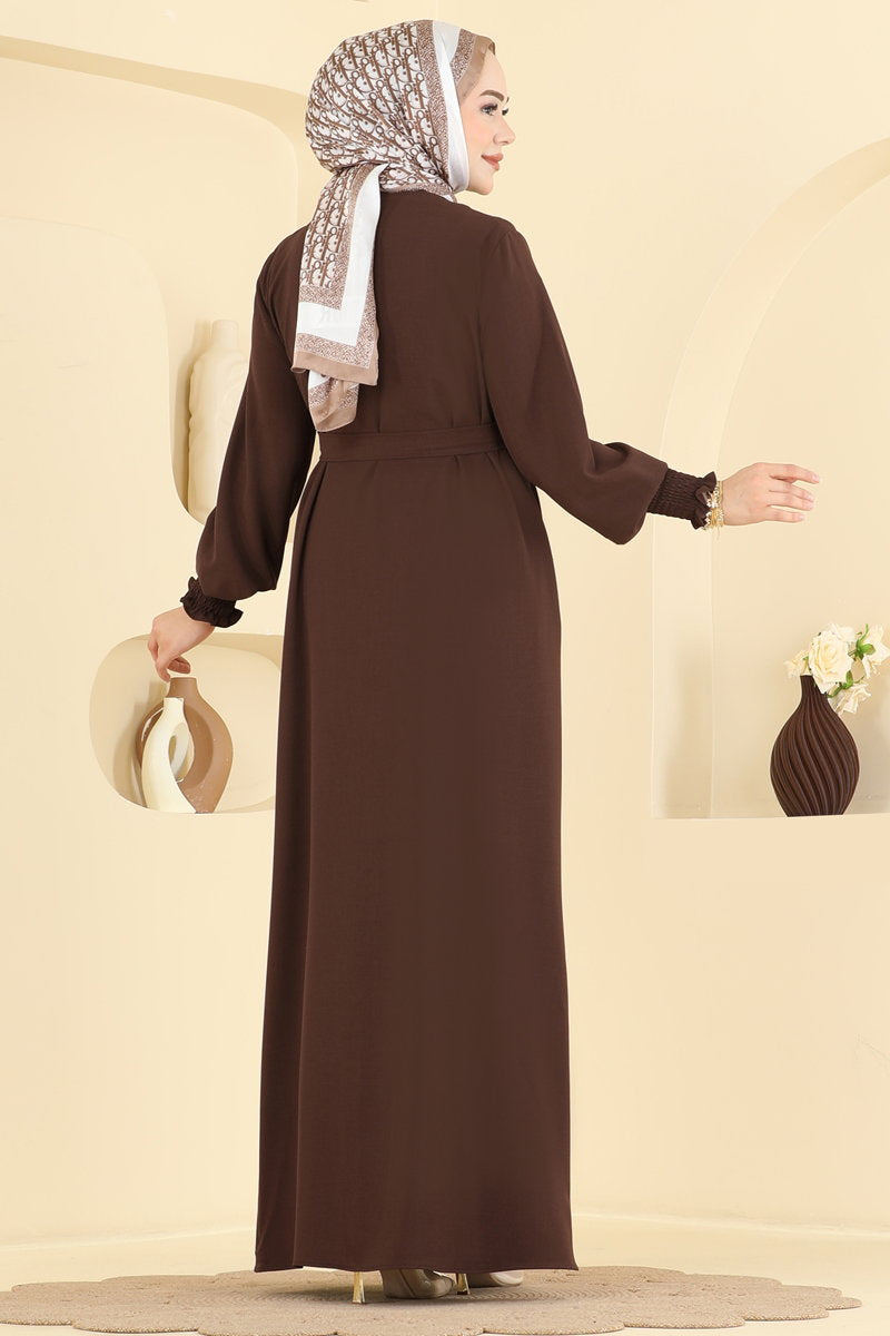Belted Abaya Coat with Gathered Sleeves - Brown
