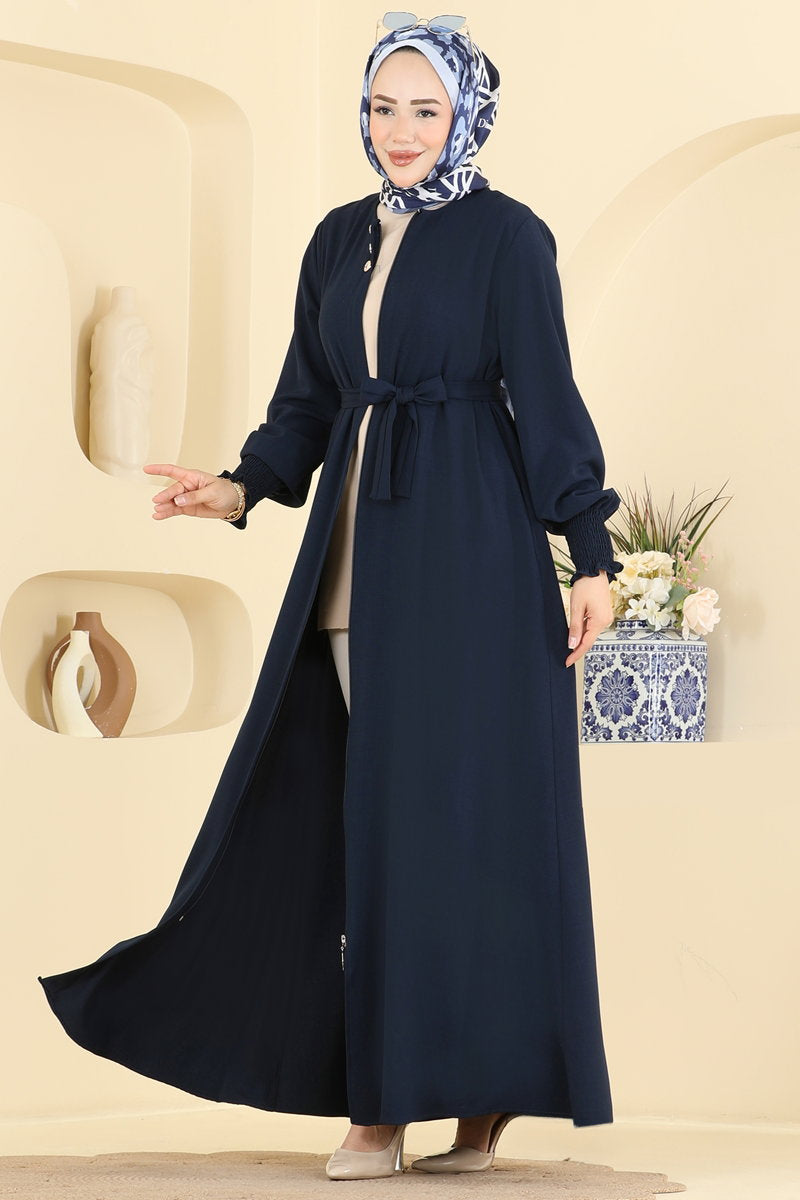 Belted Abaya Coat with Gathered Sleeves - Navy