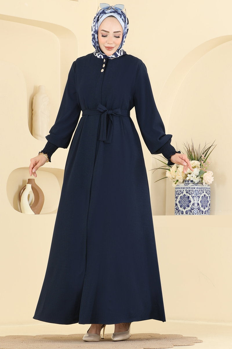 Belted Abaya Coat with Gathered Sleeves - Navy