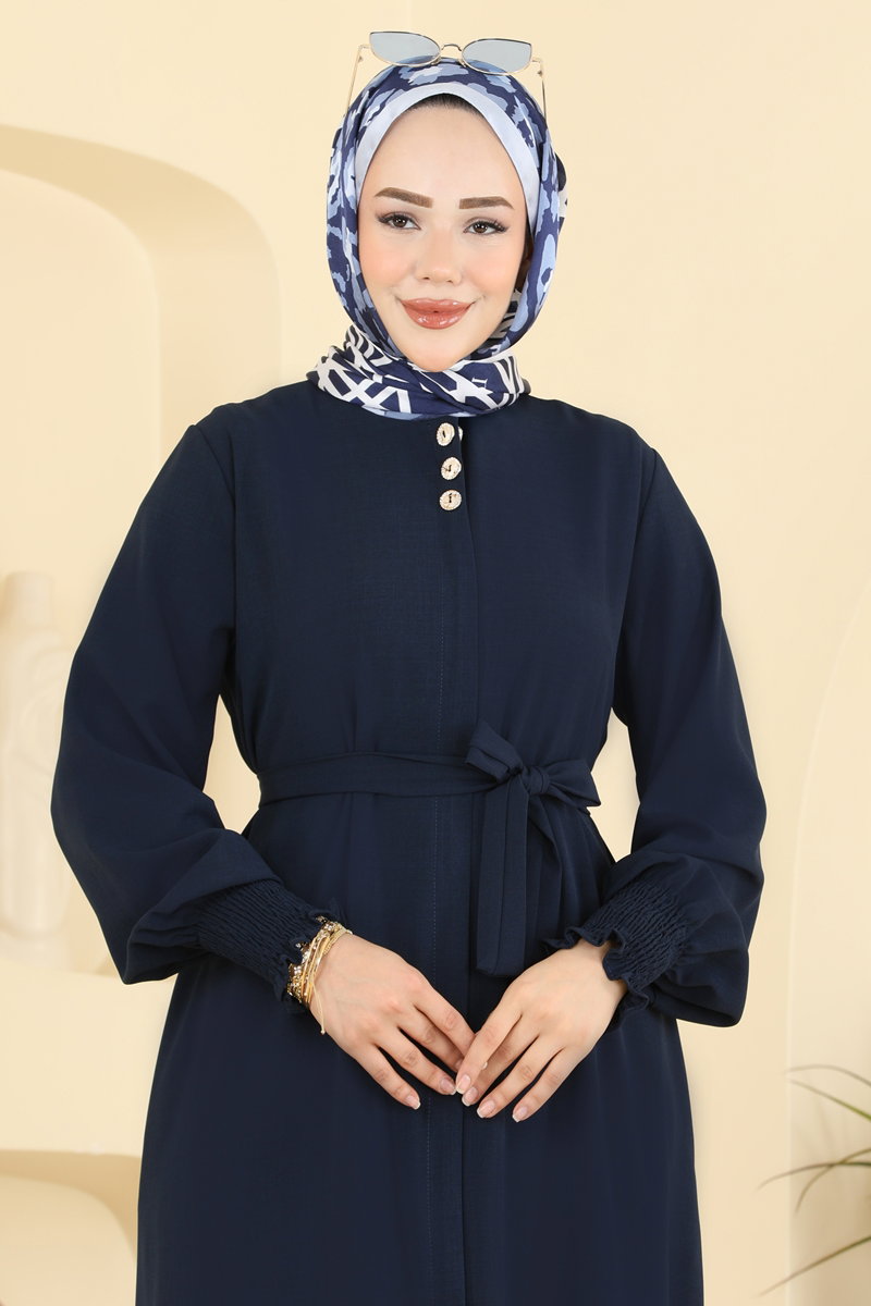 Belted Abaya Coat with Gathered Sleeves - Navy