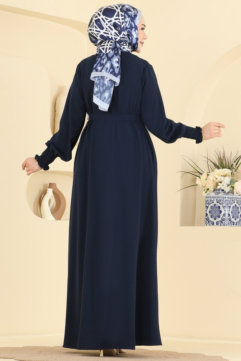 Belted Abaya Coat with Gathered Sleeves - Navy