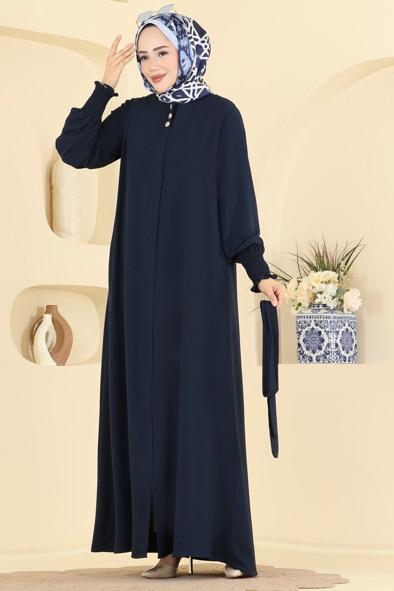 Belted Abaya Coat with Gathered Sleeves - Navy