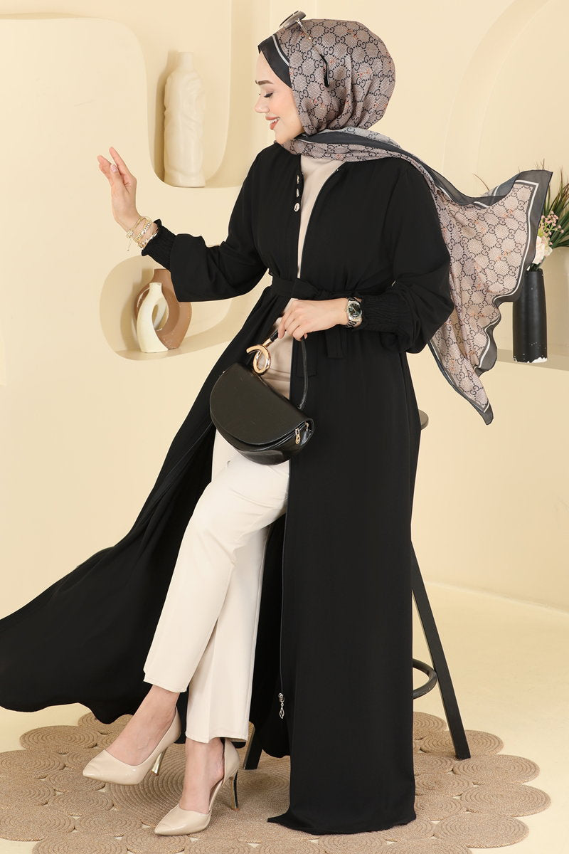 Belted Abaya Coat with Gathered Sleeves - Black