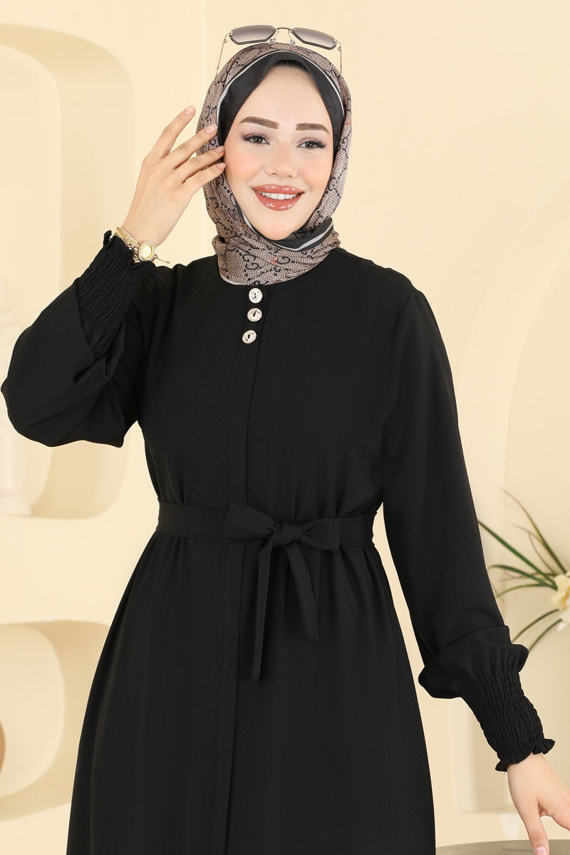 Belted Abaya Coat with Gathered Sleeves - Black
