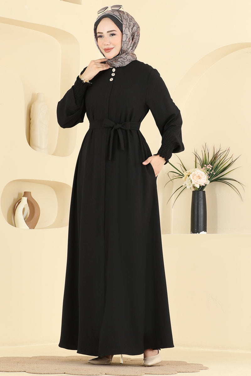 Belted Abaya Coat with Gathered Sleeves - Black