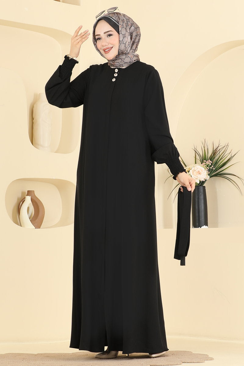Belted Abaya Coat with Gathered Sleeves - Black