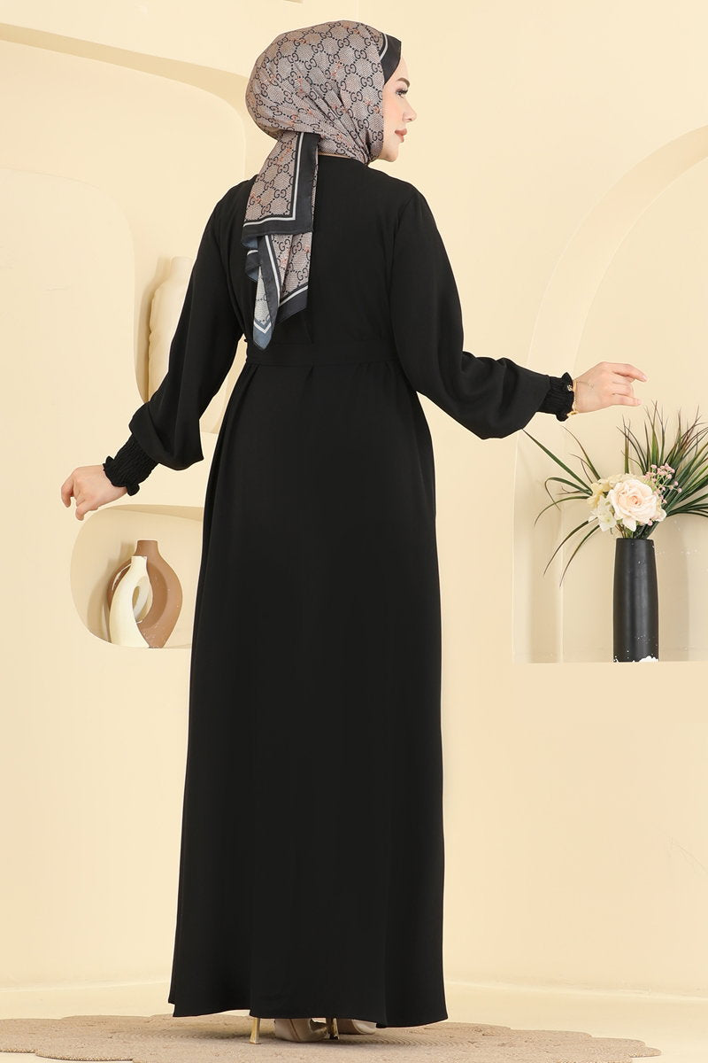 Belted Abaya Coat with Gathered Sleeves - Black